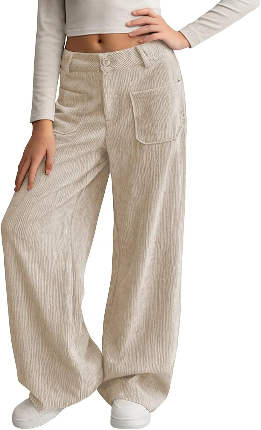 Детские брюки из вельвета, широкие, с высокой талией, Beige