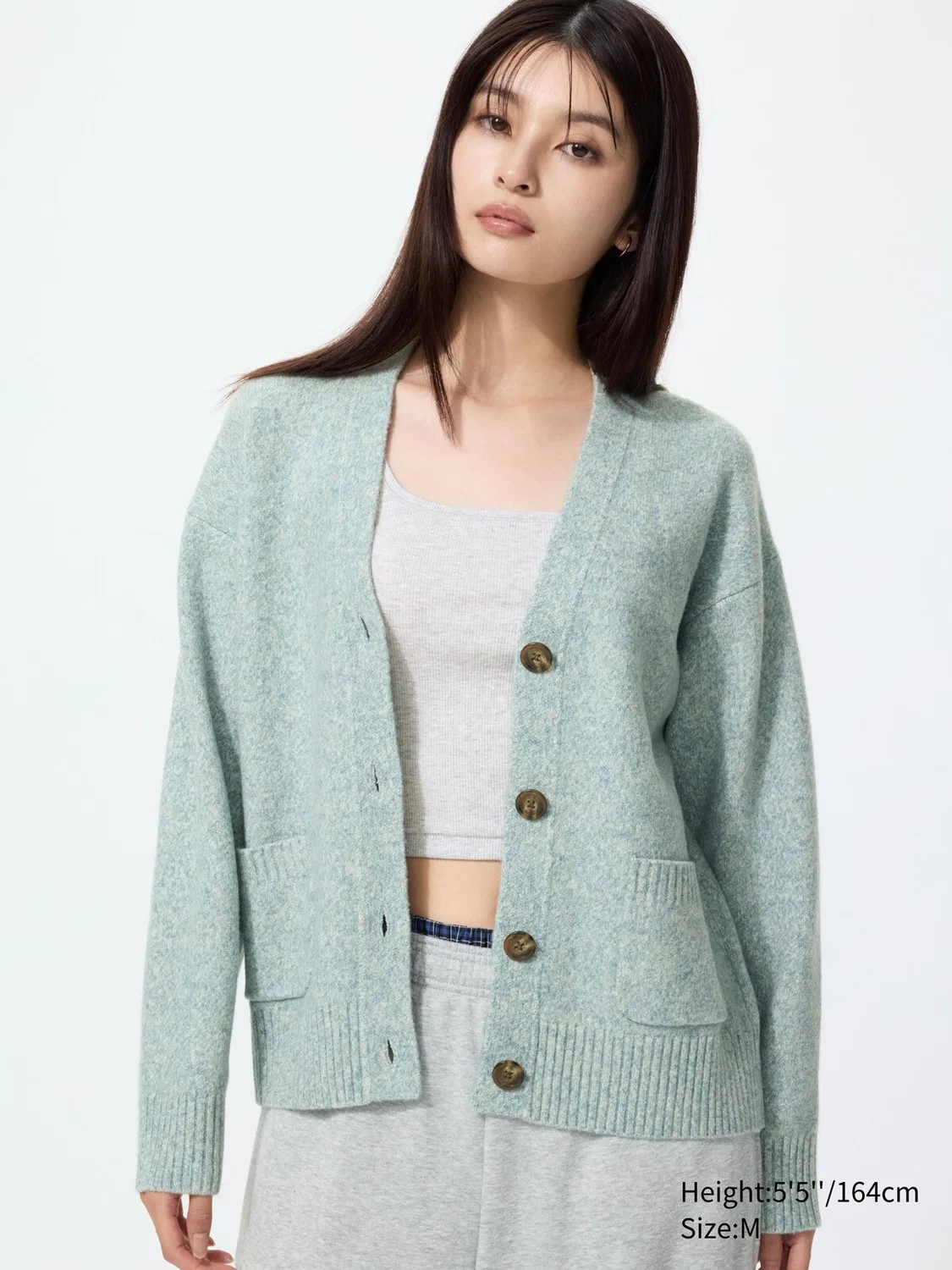 Кардиган Uniqlo, свободный крой из легкой пряжи типа «суфле», светло-зеленый