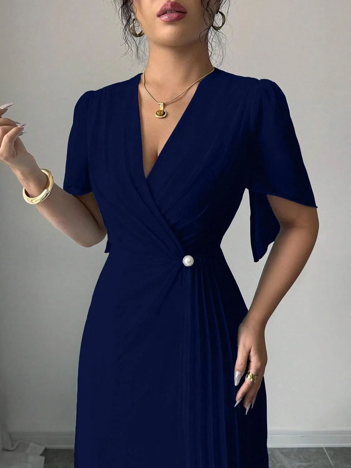 Женское элегантное платье миди с рукавом-фонарик A-line, Navy Blue — фото 3