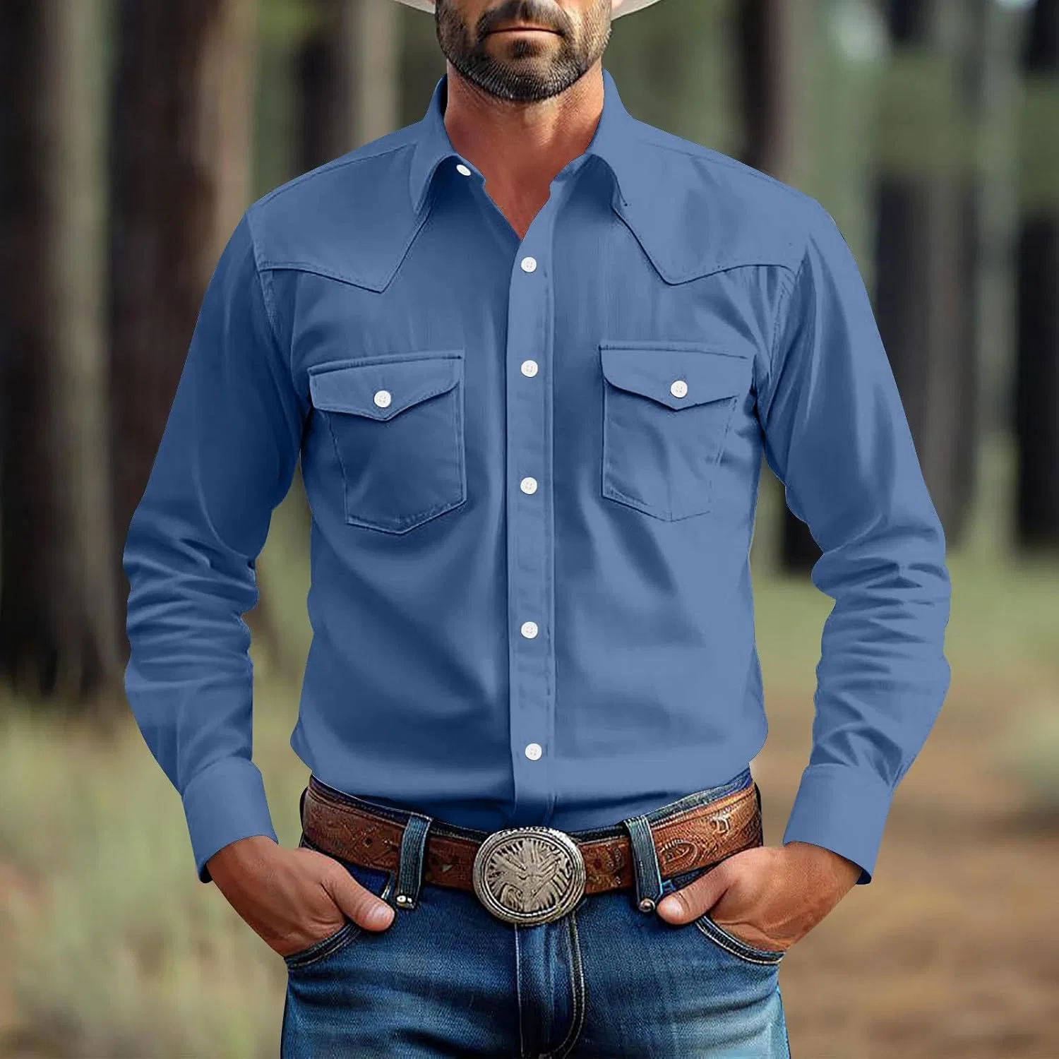 Мужская рубашка с длинным рукавом, классическая, Western Cowboy Shirts, синий — фото 2