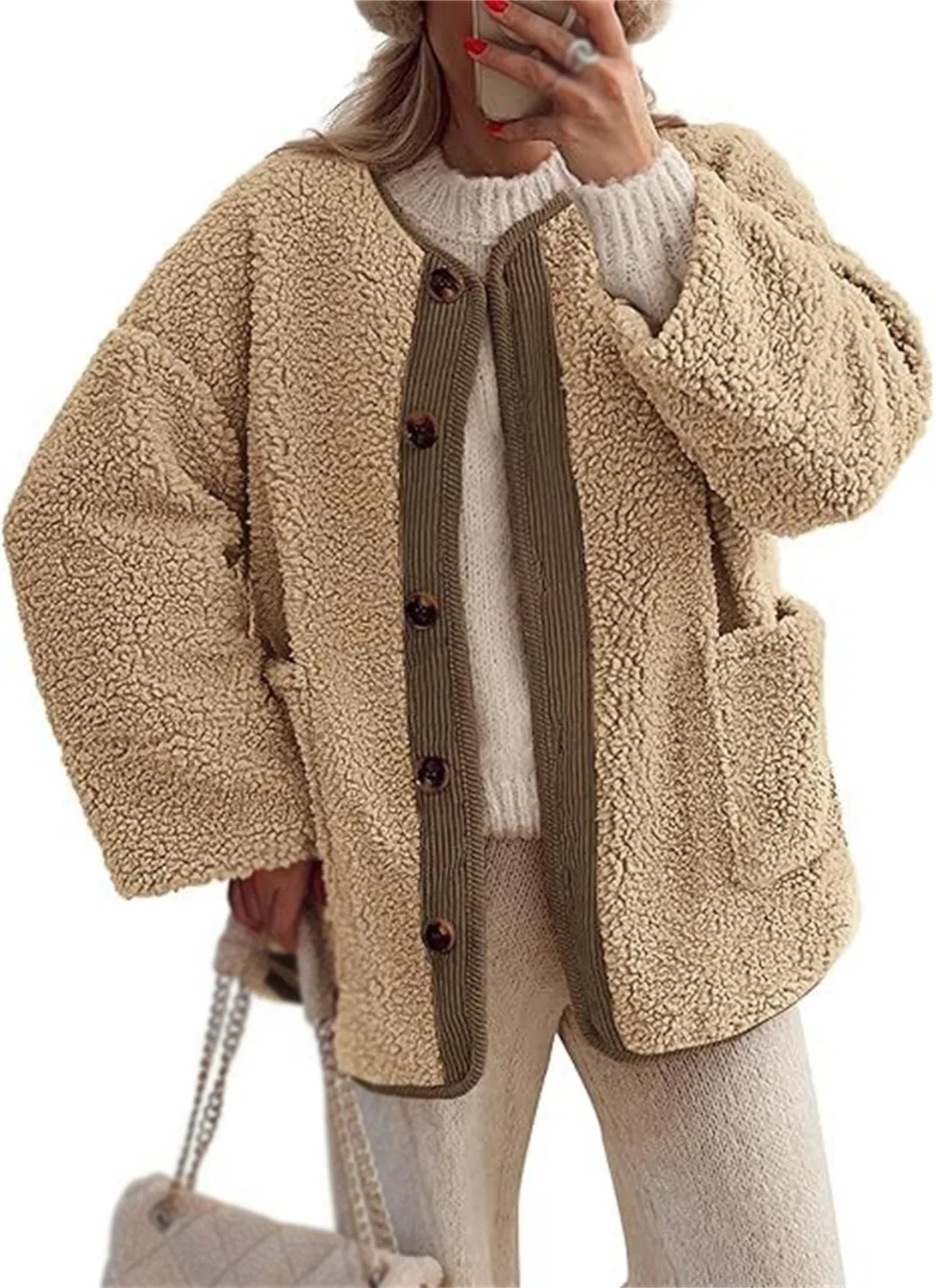 Женская куртка из искусственного овчины на пуговицах, Dark Khaki