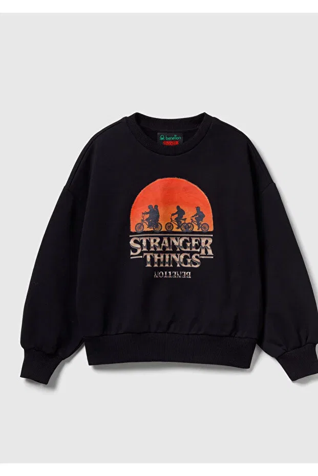 Детское худи для девочек оверсайз с принтом Stranger Things United Colors Of Benetton, Black