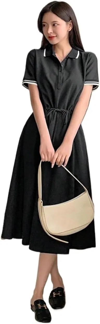 Женское летнее мини-платье с коротким рукавом и воротником, Black