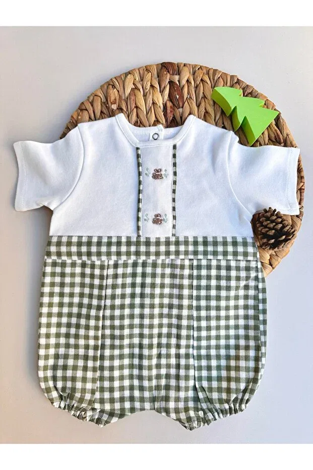 Детский комбинезон для девочек с принтом Pötikare soft series summer baby romper with hand embroidered teddy bear Mama Miel Baby, Khaki — фото 2