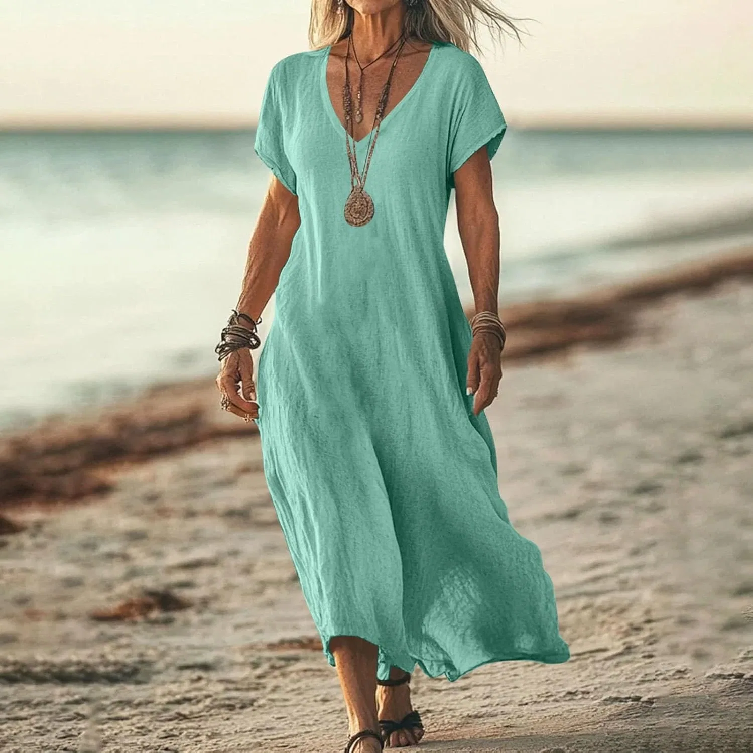Женское летнее платье макси из льна с V-образным вырезом, Flowy Boho, Turquoise — фото 2