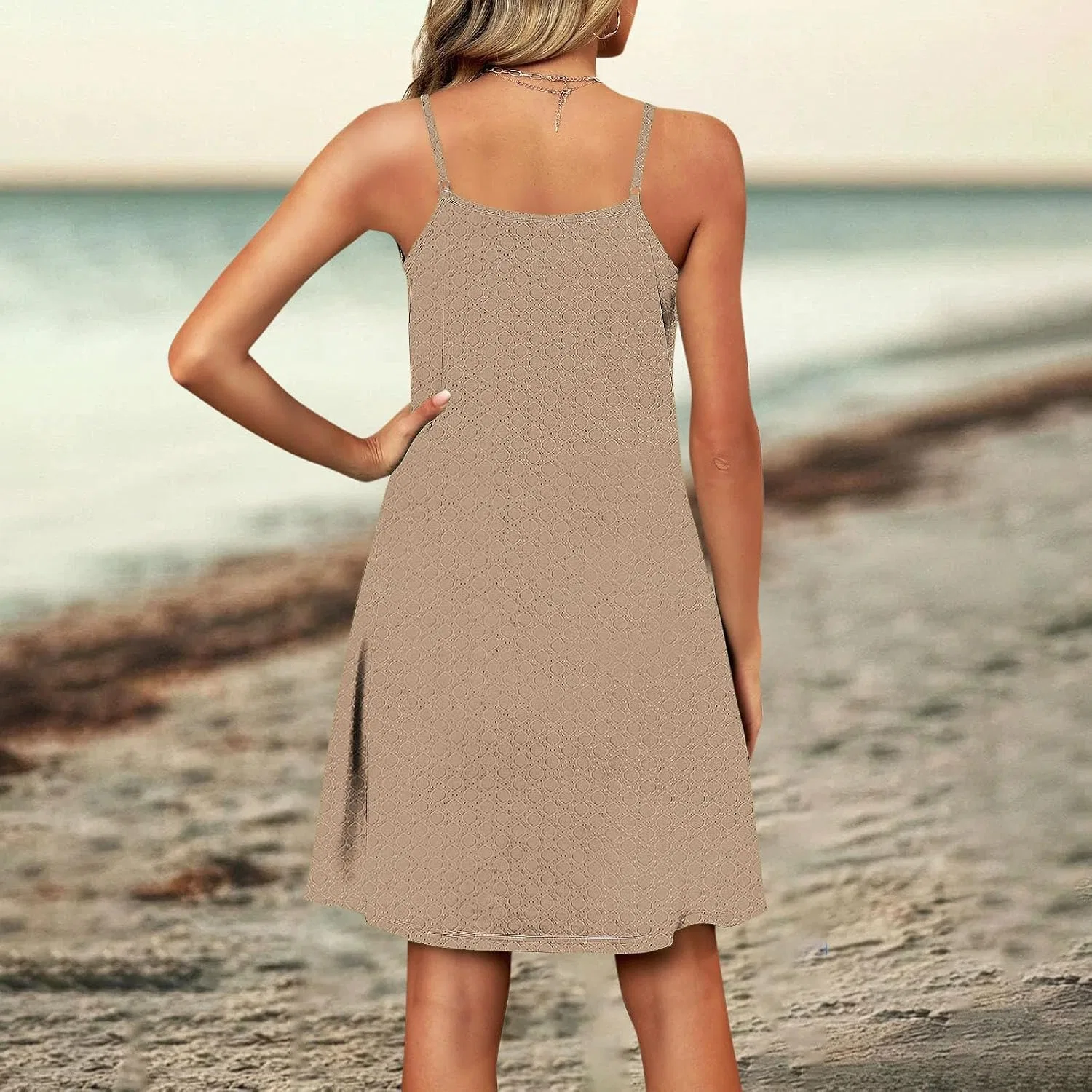 Женское мини-платье А-силуэта с V-образным вырезом Swing Vacation Sundress, Khaki — фото 3