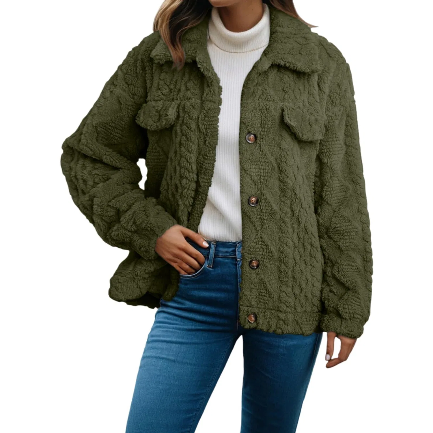 Женское утепленное пальто из флиса с отворотом, Teddy, Verde Scuro