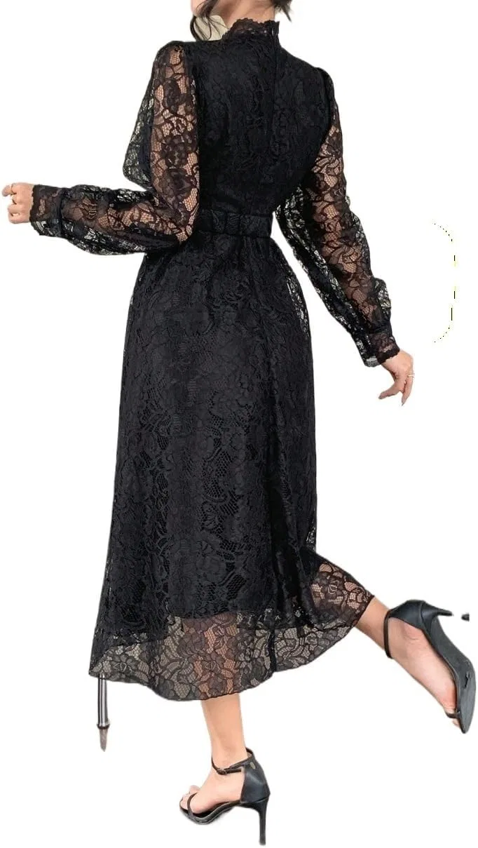 Женское повседневное платье миди с кружевным воротником-стойкой Puff Sleeve, Black