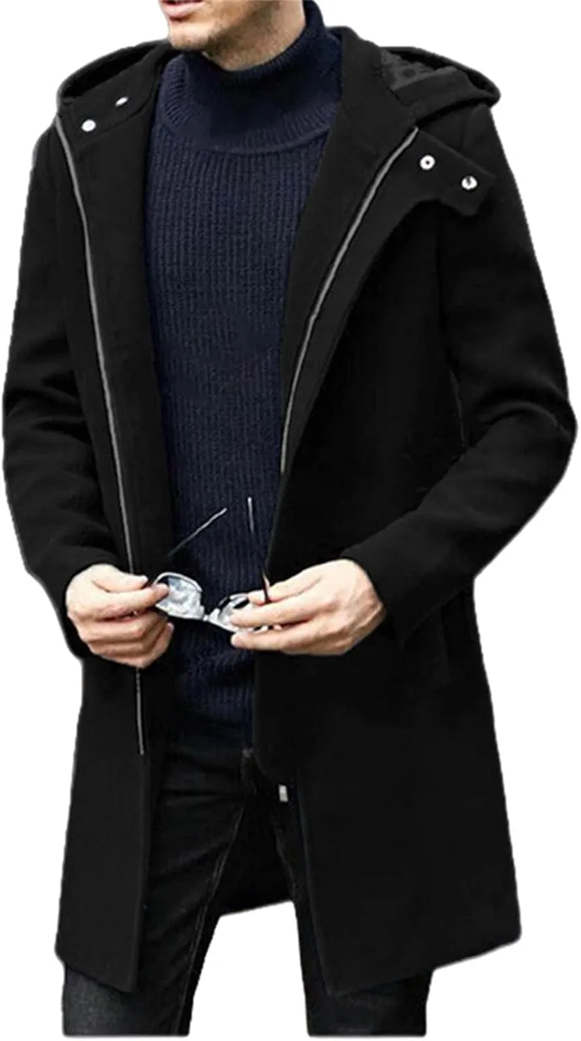 Мужское пальто из шерстяной смеси с капюшоном, Slim Fit, чёрный