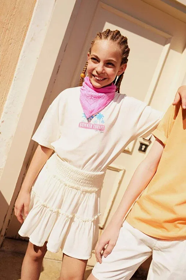Детская футболка для девочек с принтом Oversize Wide Fit Crew Neck Back Printed Short Sleeve T-Shirt Girl Defacto, White-Wt341