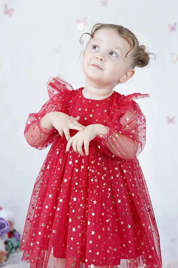 Детское платье для девочек с длинным рукавом Starry Alyra, Red — фото 4