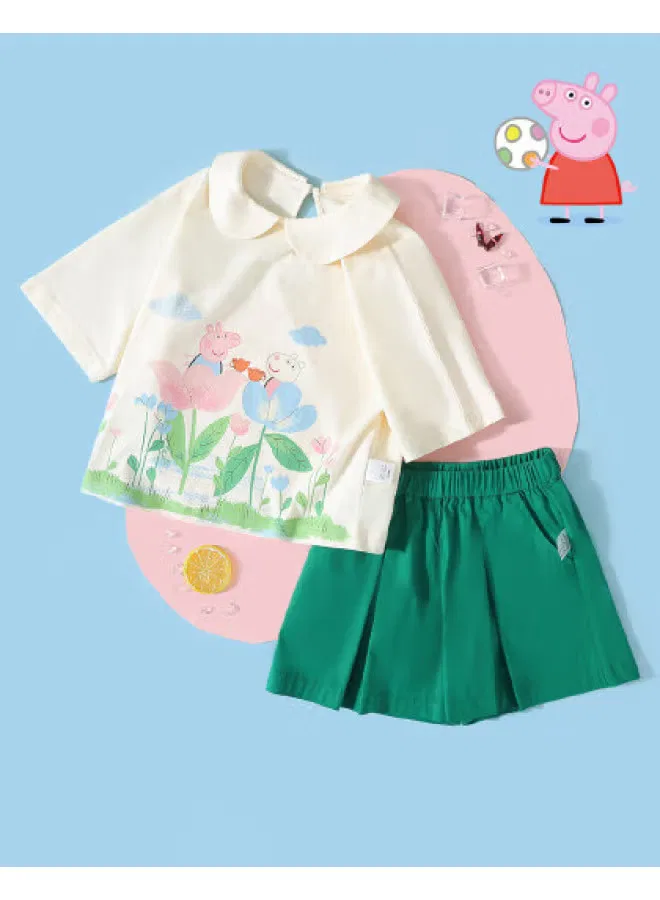 Комплект летний тонкий с мультяшным принтом Peppa Pig, белый с зеленым