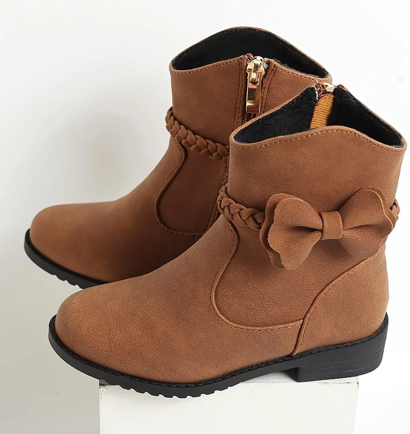 Детские сапоги для девочек с принтом Bow Little Kid Low Heel Leather Western Boots Fall Booties, Brown — фото 2