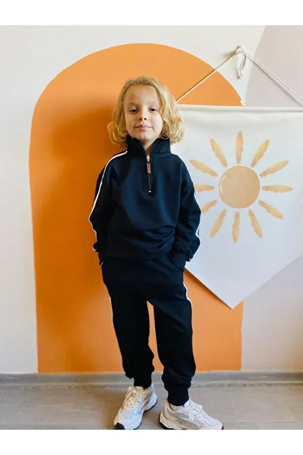 Детский комплект свитшот-брюки с принтом Boys/girls striped detail tracksuit sets with mock neck sweatshirts Heyadventure, Black