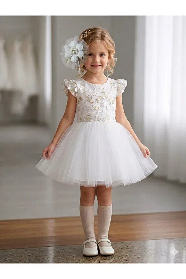 Детское платье для девочек с вышивкой Perinin Dolabı, White