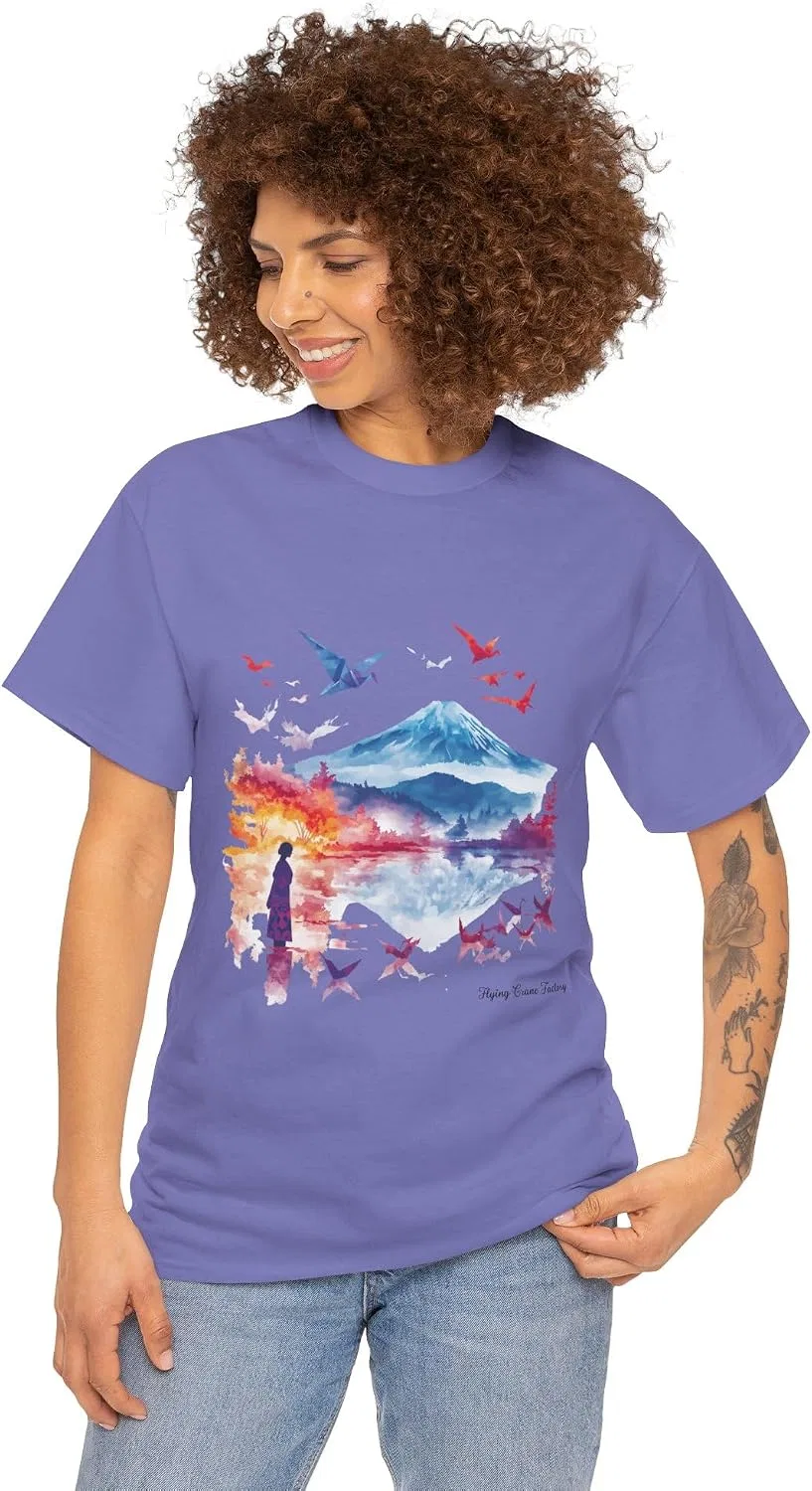 Футболка с оригами-журавлем и горой Фудзи, Heavy Cotton, Violet — фото 3
