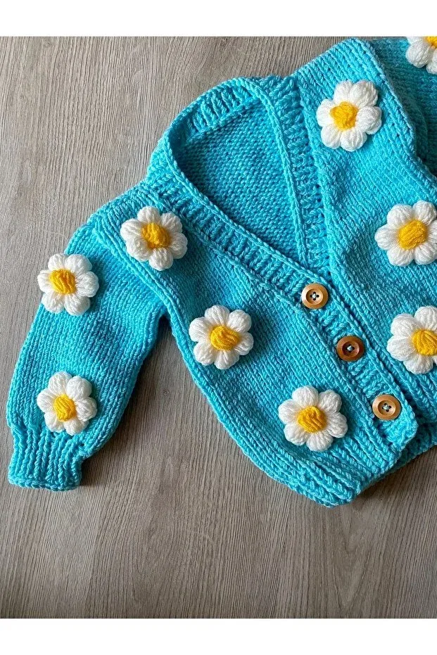 Детский кардиган для девочек хлопковый Hand knitted daisy Hobihanem Tuhafiye, Turquoise — фото 2