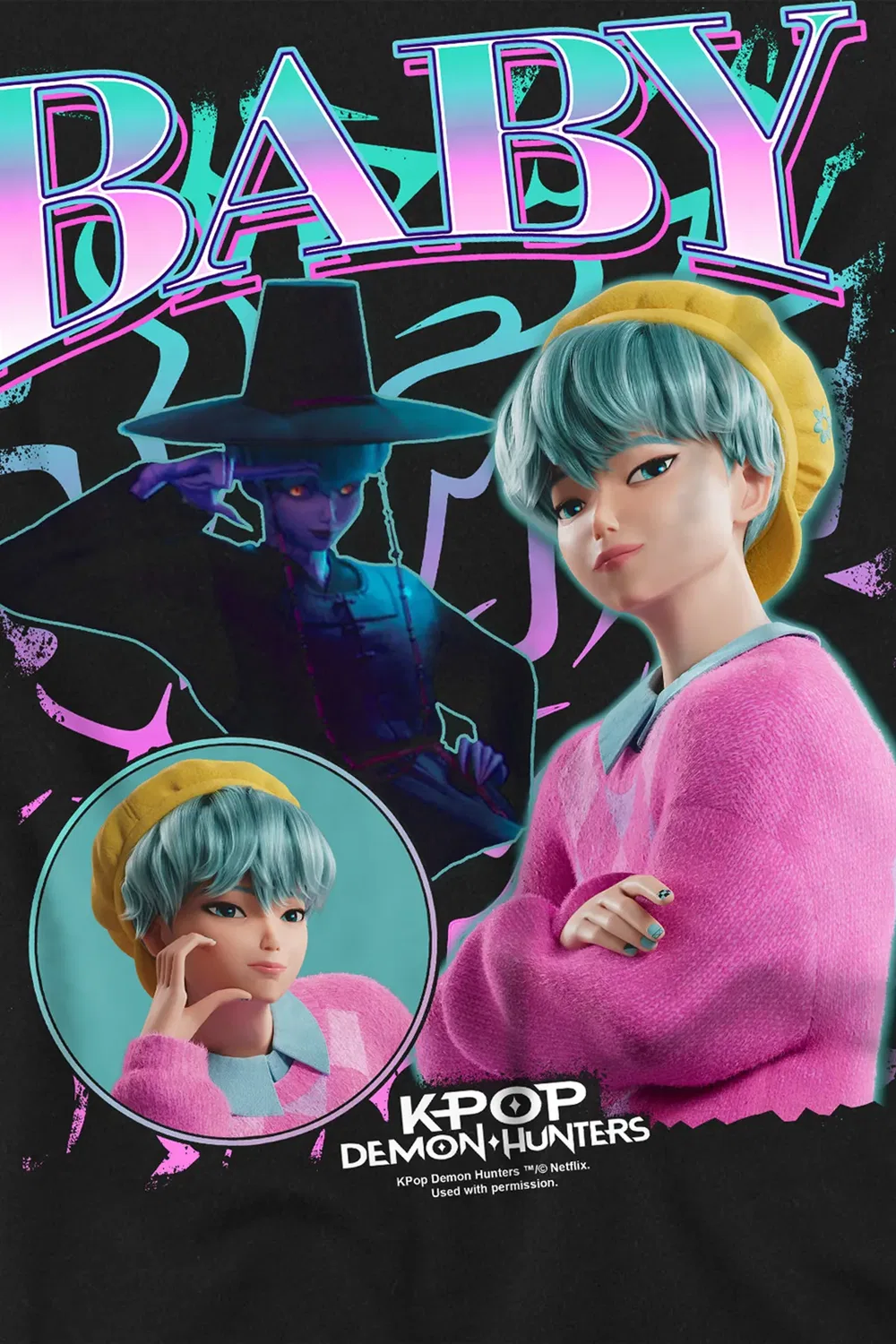 Детский свитшот с принтом Kpop demon hunters saja boys baby homage Netflix, Black — фото 3