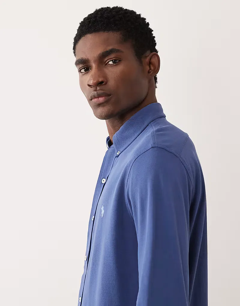 Хлопковая рубашка с длинными рукавами и логотипом Polo Ralph Lauren, темно-синий — фото 4