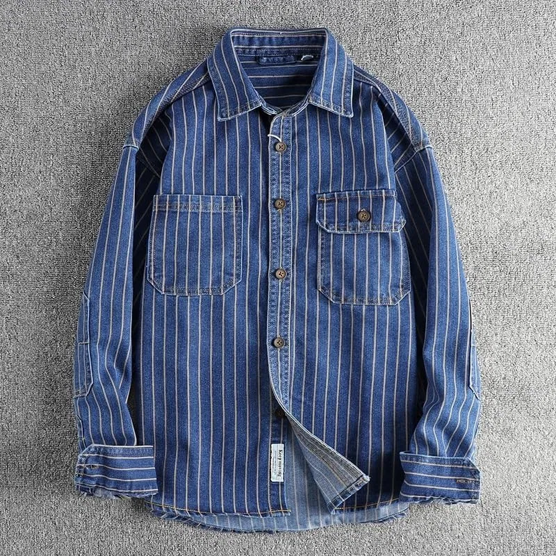 Мужская рубашка с вертикальной полоской из денима Cargo, Dark Blue — фото 3