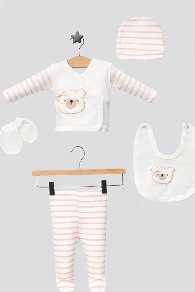 Детский комплект для новорожденных девочек хлопковый Bear Embroidered Pink Striped Bys Baby Fashion, White Pink — фото 4