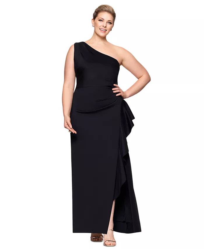 

Платье с каскадными складками на одно плечо Plus Size XSCAPE, черный