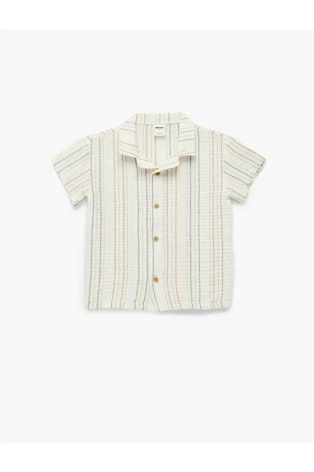 Детская хлопковая рубашка для мальчиков с коротким рукавом Koton Kids, Beige — фото 3