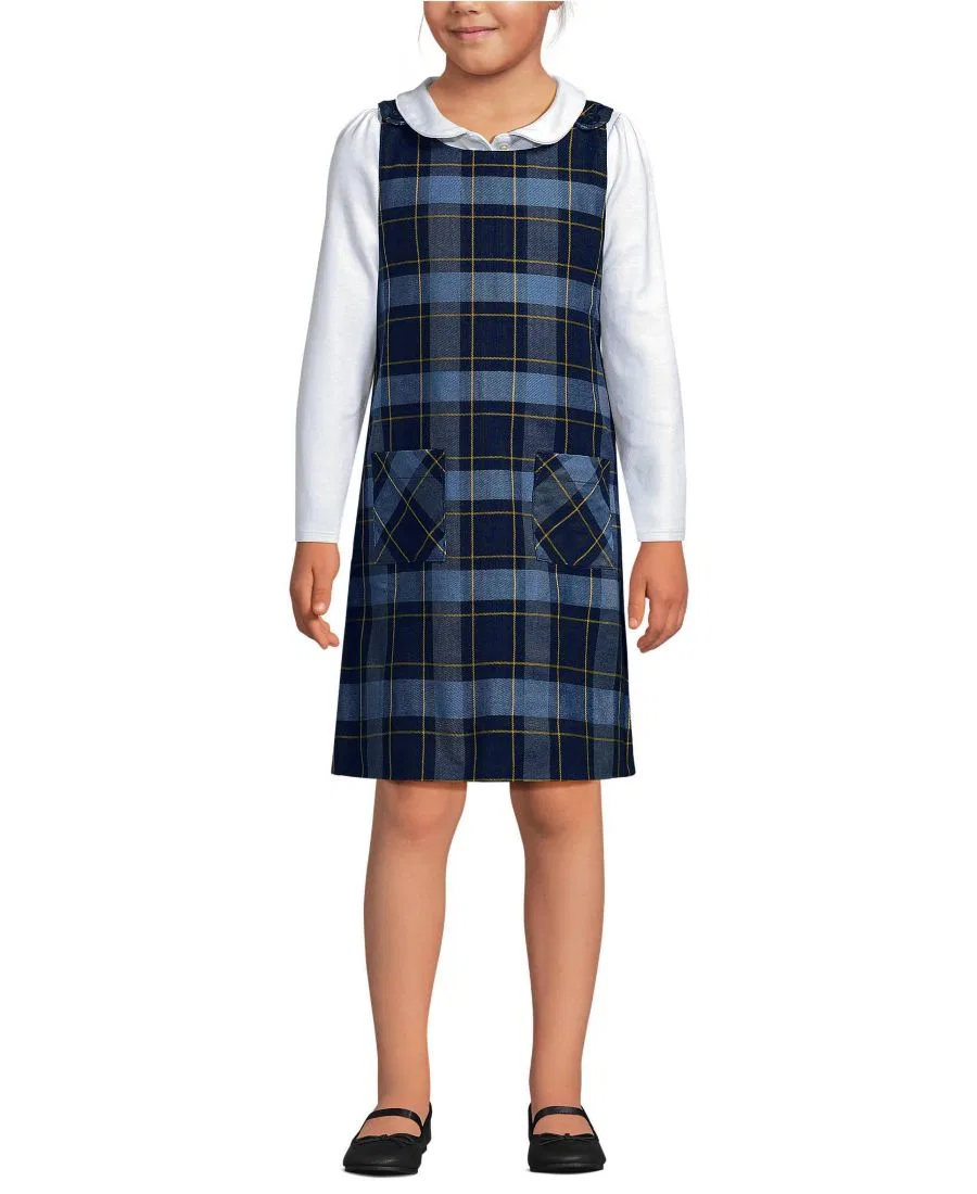 Детский джемпер с пуговицами на плечах и накладными карманами Lands' End, Classic Navy Plaid