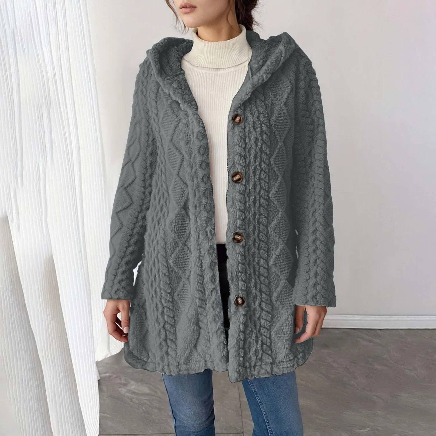 Женский утепленный кардиган с капюшоном и мехом, модель Fluffy Thick Hooded Cardigan, Grey — фото 2