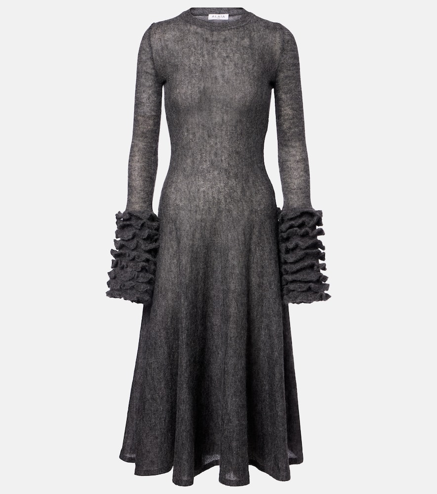 

Платье миди из мохера и шерсти с рюшами Alaïa, Gris