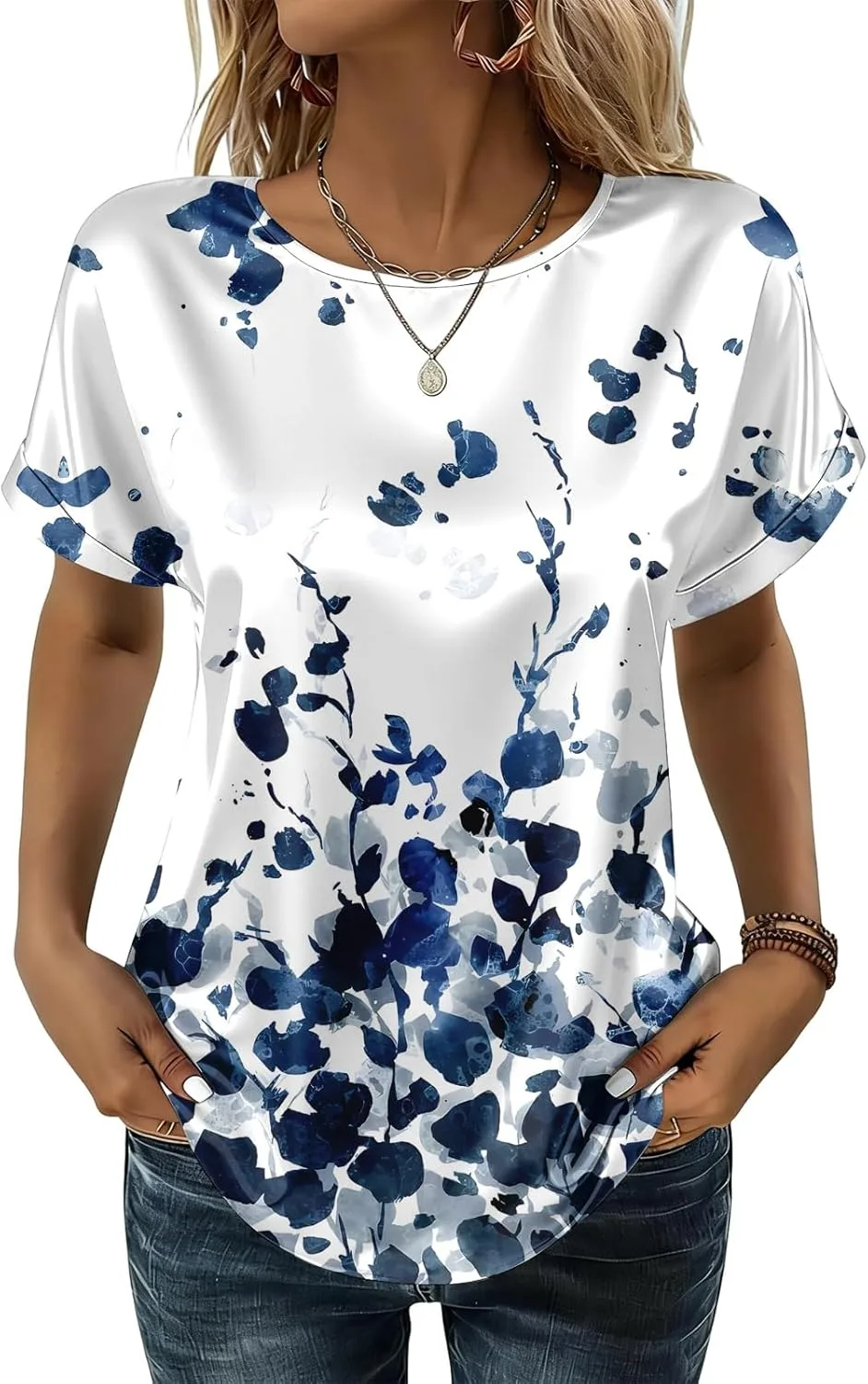 

Женская блузка с коротким рукавом и круглым вырезом