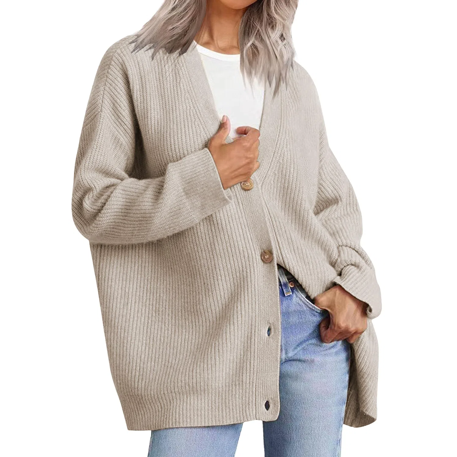 Женский вязаный кардиган с V-образным вырезом и длинным рукавом, Light Khaki