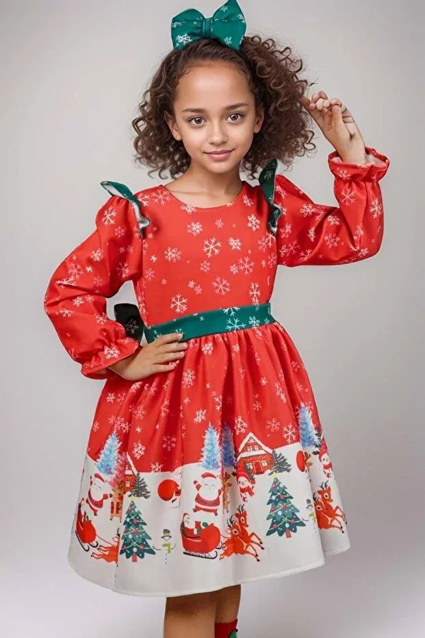 Детское платье для девочек с принтом Girls' red christmas dress with ruffled shoulders deer and snowflake print Riccotarz, Red
