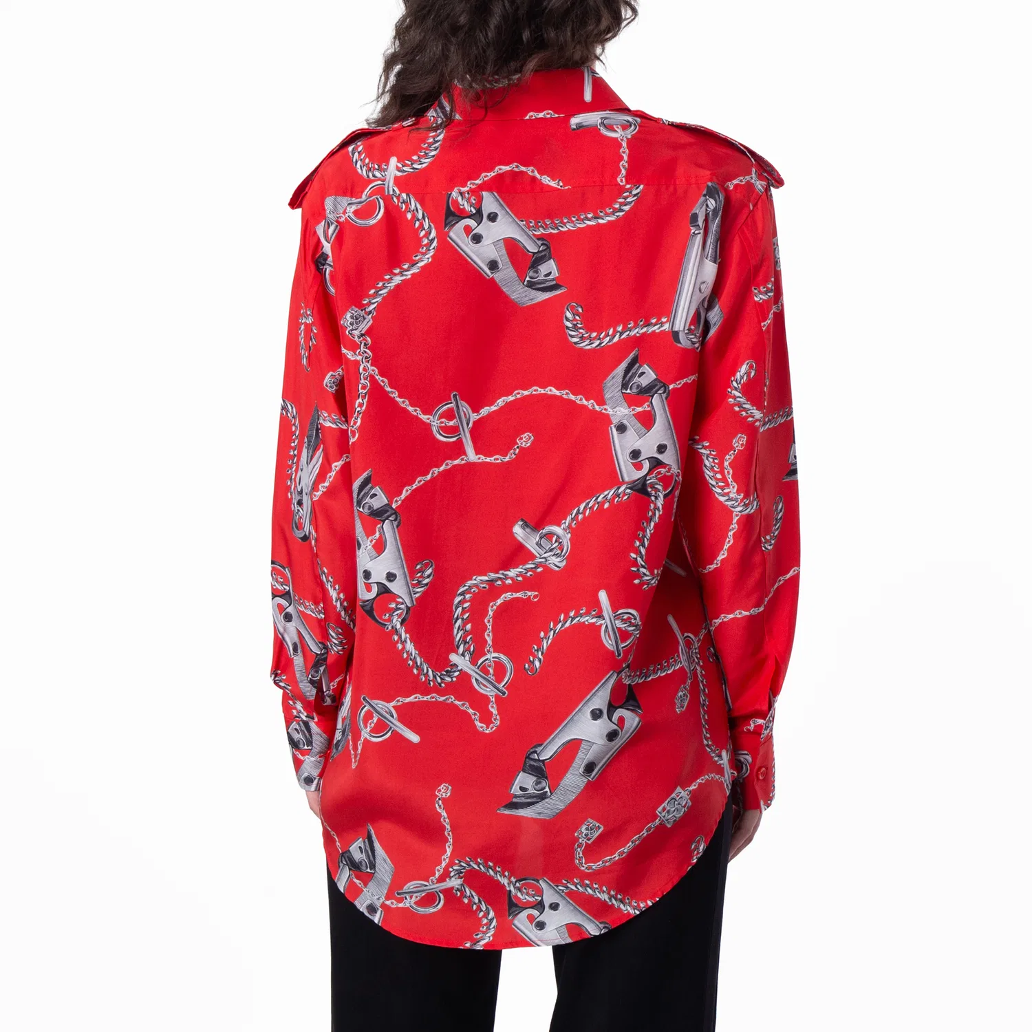 Шелковая рубашка с длинным рукавом с принтом All-Over Graphic Print Burberry, Silver/Red — фото 4