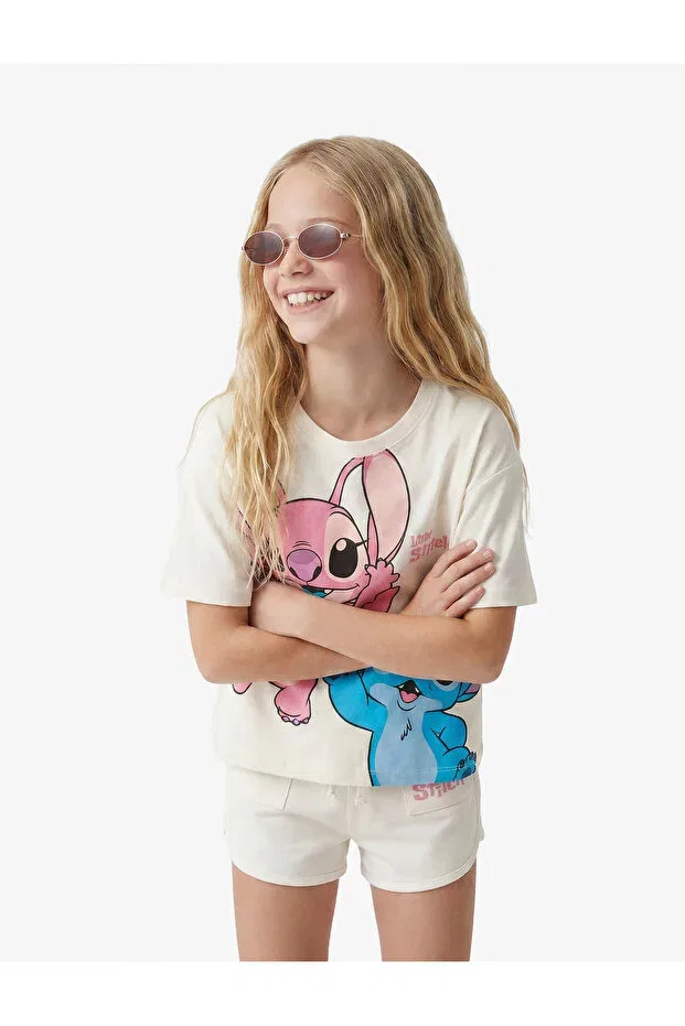 Детская футболка для девочек с принтом Licensed Stitch Printed, Koton, Ecru — фото 3