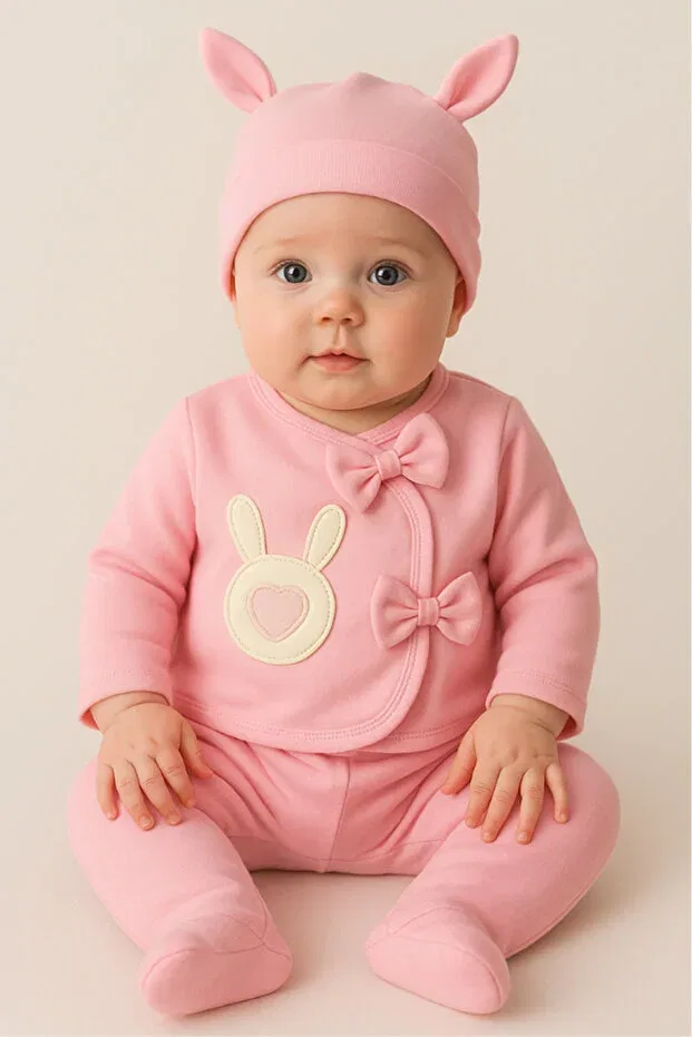 Детский комбинезон для новорожденных с принтом Organic baby girl rabbit patterned 5-piece jumpsuit hospital release newborn outfit baby bib Bamoola For Babies, Pink Rabbit — фото 2