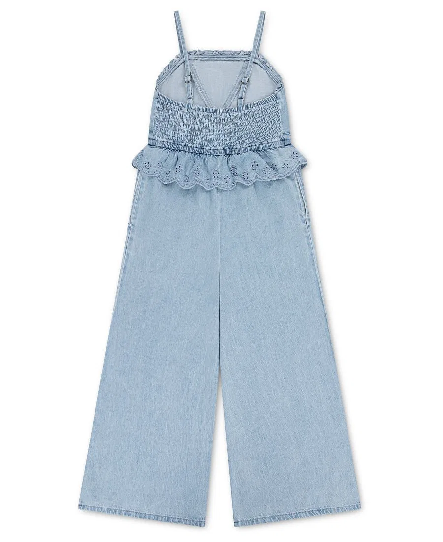 Детский джинсовый комбинезон без рукавов с воланами, модель Sleeveless Denim Jumper abercrombie kids, Light Pastel Blue — фото 2