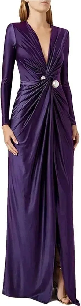 Женское коктейльное платье с глубоким V-вырезом и складками, Purple