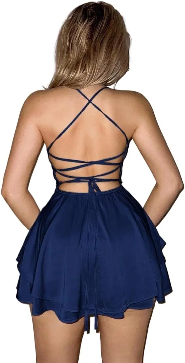 Женское мини-платье сатиновое на бретелях с открытой спиной, Navy Blue