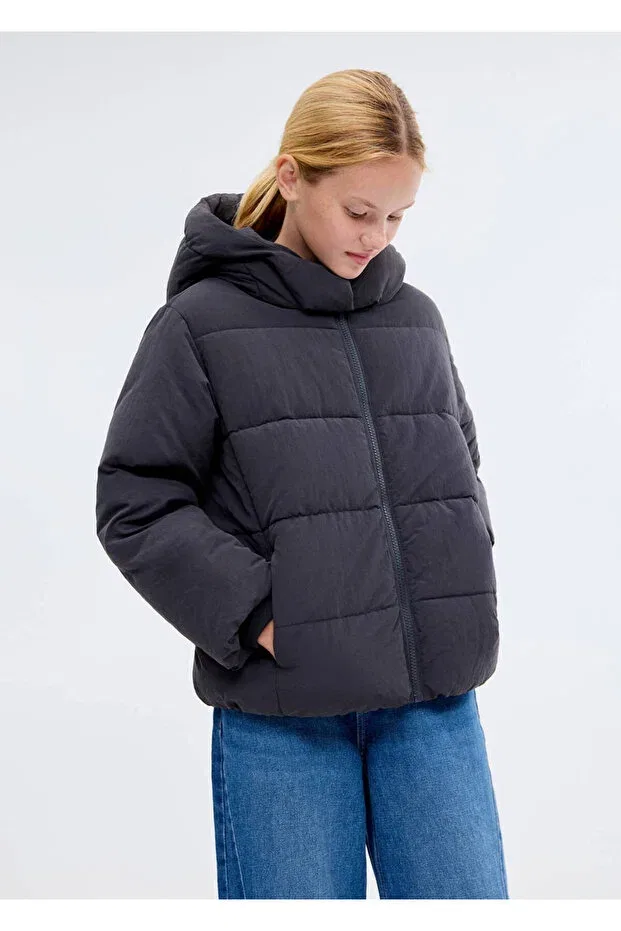 Детское пальто для девочек стеганое с капюшоном Mango Kids, Navy Blue