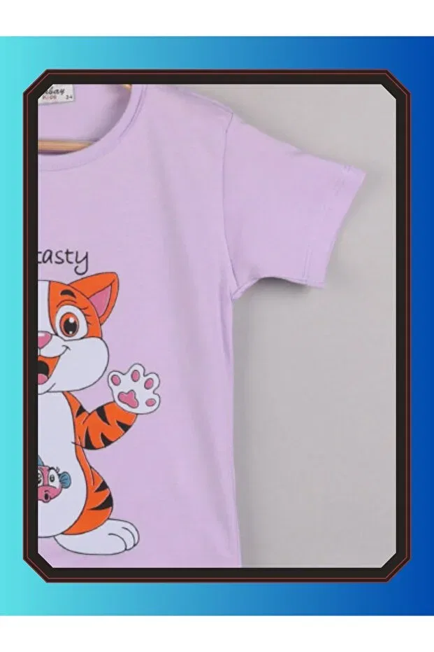 Детская футболка для девочек с принтом Short sleeve t-shirt girl cute kitten printed cotton Edoy, Lilac — фото 4