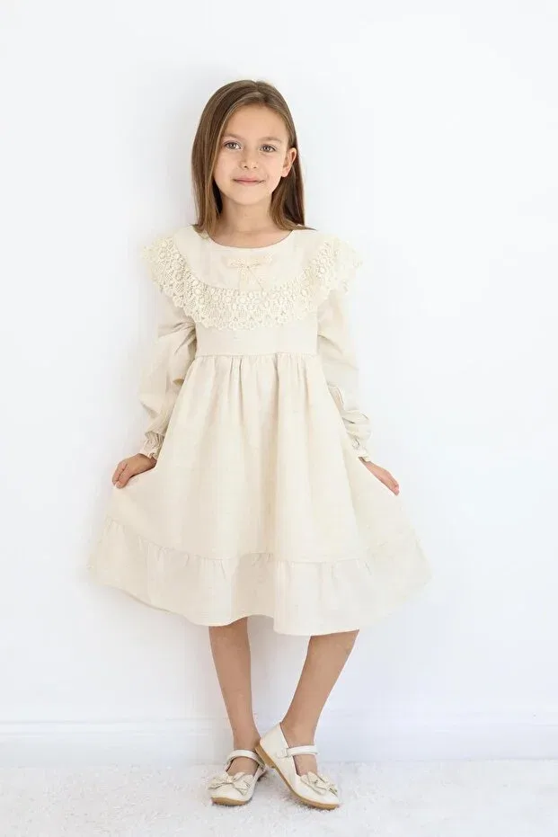 Детское платье для девочек с длинным рукавом Bow detailed dress Miababy, Beige