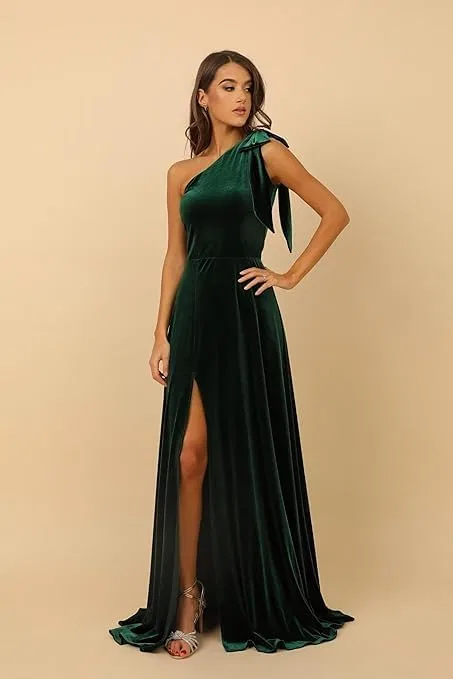 Женское вельветовое платье с одним плечом и разрезом Formal Evening Gowns, Peacock Blue — фото 2