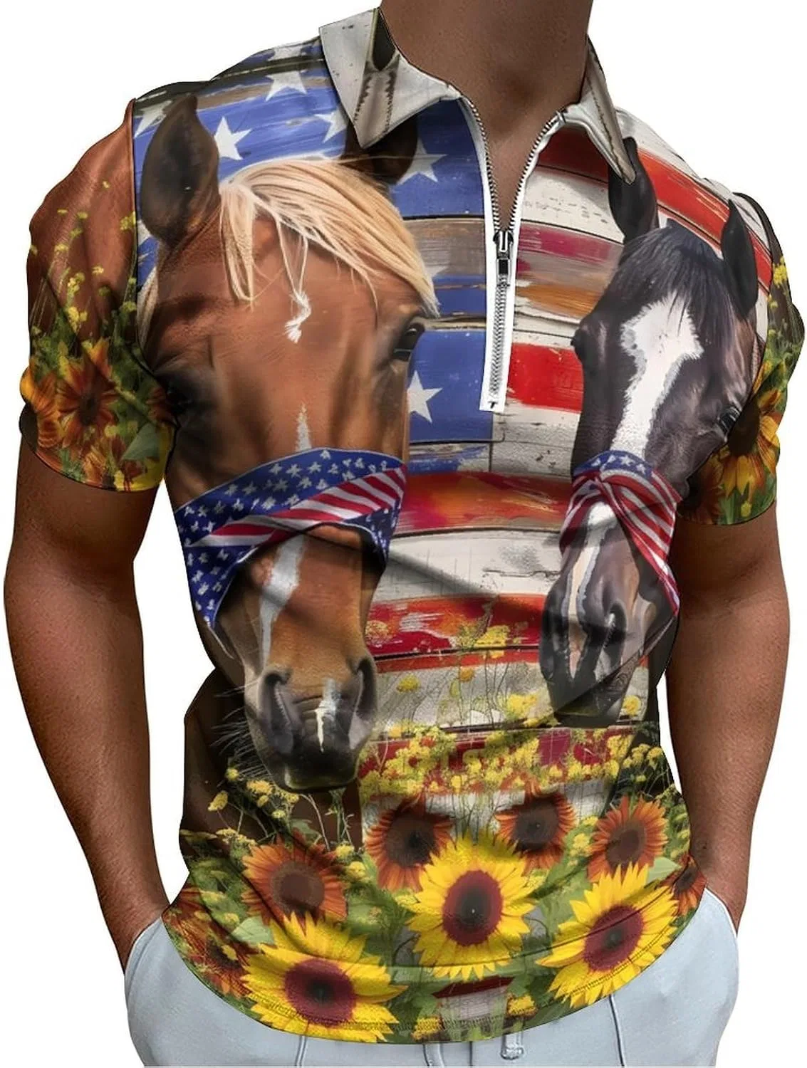 Мужская футболка с принтом Horse Sunflower U.S. Flag Forsjhsa, Style