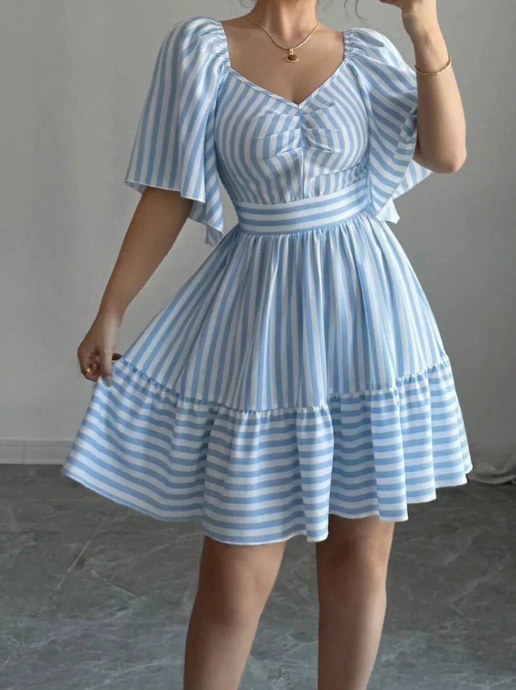 Женское повседневное платье мини с рюшами A-силуэта, Blue — фото 3
