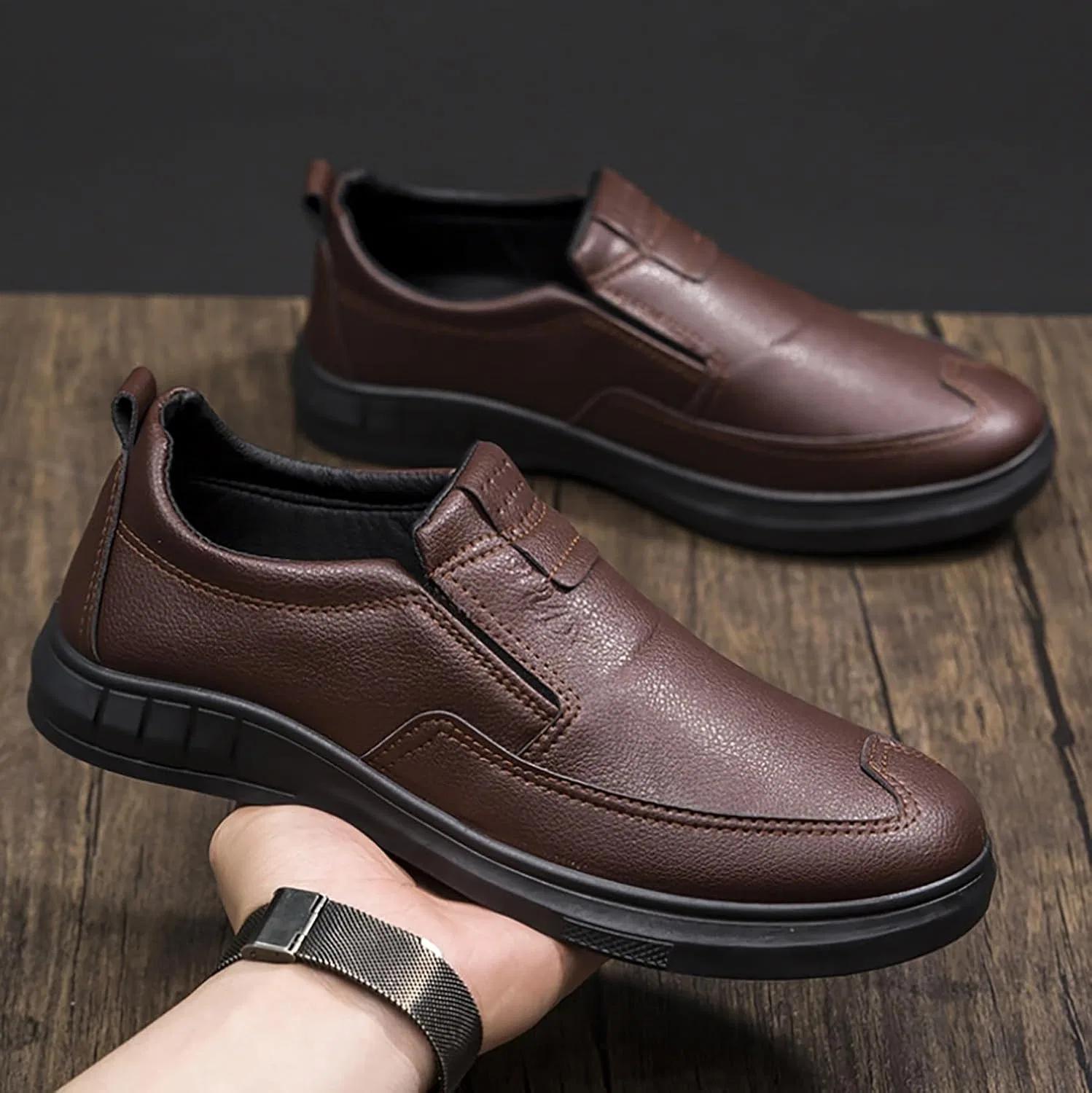 Туфли повседневные классические, легкие мужские, без бренда, модель Classic Business Casual, коричневый DAO-UPPSE — фото 2