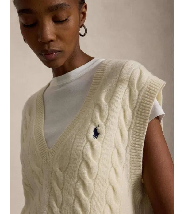 Женский жилет из шерсти с кашемиром свободного кроя Polo Ralph Lauren, Crema — фото 4