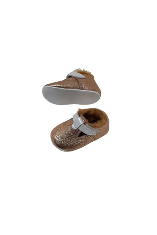 Детские пинетки с меховым воротником First step furry baby booties Kapar, Gold — фото 2