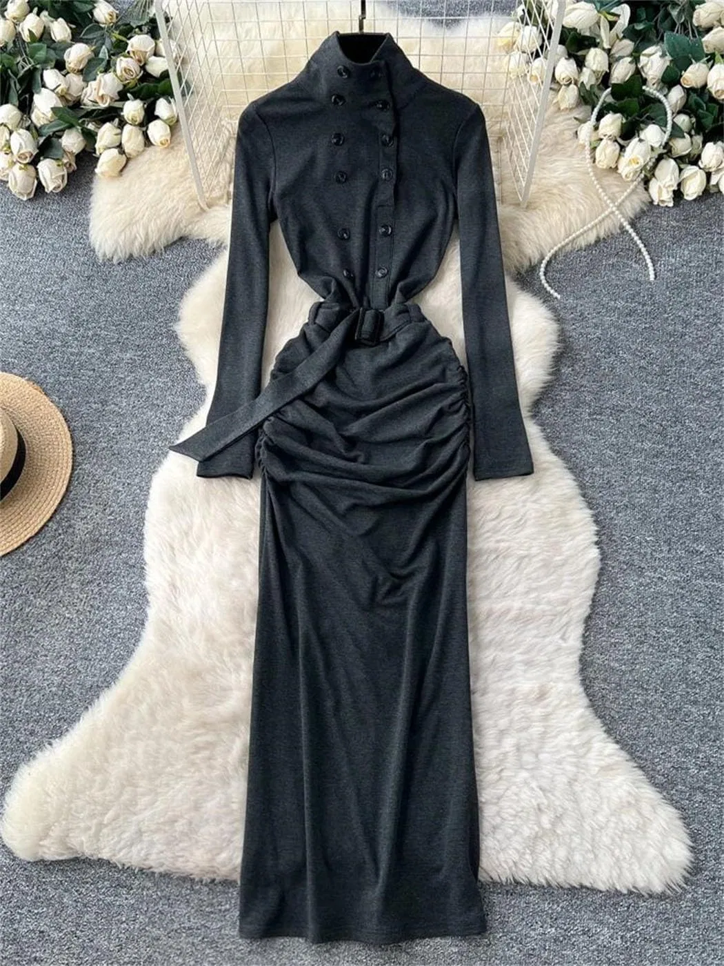 Женское элегантное длинное платье с высоким воротником и поясом, Black — фото 4