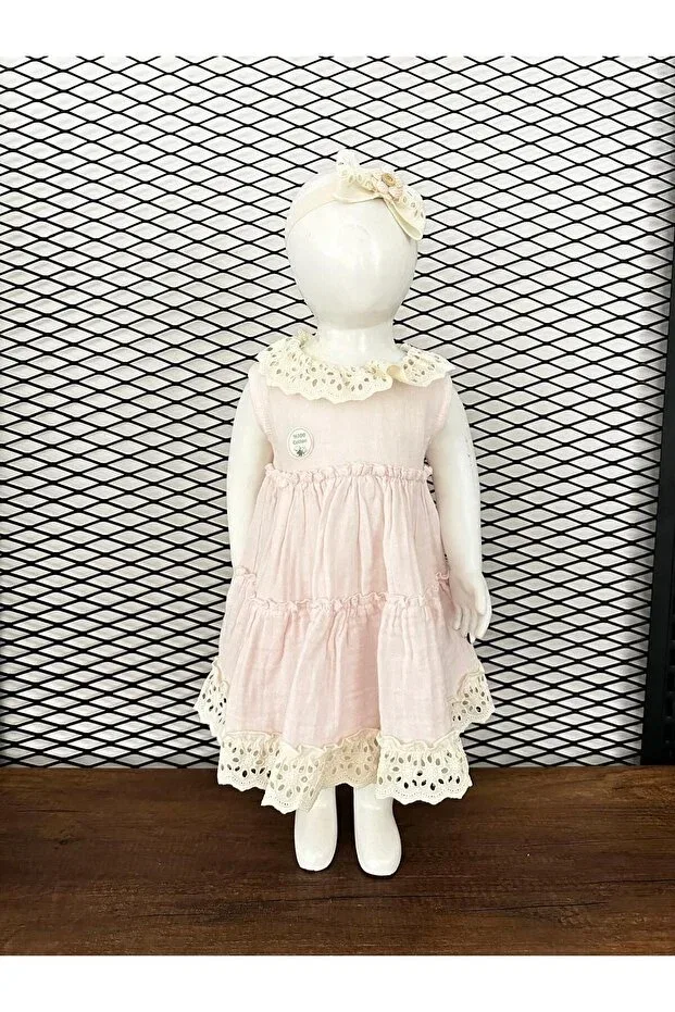 Детское платье для девочек с кружевом Muslin fisto collar bandaned baby girl dress Mutir, Pink